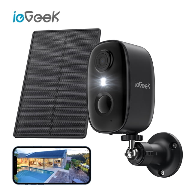ieGeek Solar Security Camera Outdoor Wireless WiFi, 2K Color Night Vision, Waterproof, Surveillance Camera with AI Detection, Work with Alexa — front-facing outdoor camera with attached solar panel and 3/4 mounting bracket, white cylindrical housing, 3.6mm lens with 130° field of view, spotlight and 80dB siren alarm, IP65 weatherproof rating and night visibility up to 33ft; often used to monitor driveways or cottages.