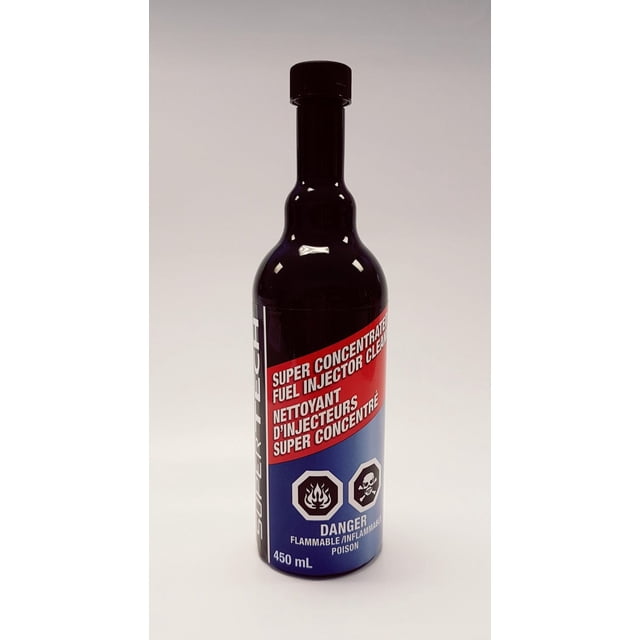 Supertech Concentrated Fuel Injector Cleaner 450 mL bottle with black cap, labeled as a flammable and poisonous automotive fuel additive that removes carbon deposits, reduces engine friction, and improves fuel efficiency.