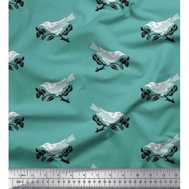Soimoi Polyester Crepe Fabric Branch & Bird Block Print Fabric by The Yard 52 Inch Wide