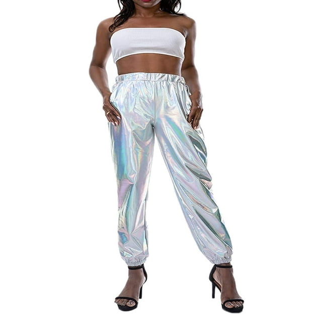 Women High Waist Shiny Metallic Stretchy Hip Hop Pants Reflective Jogger Pants
