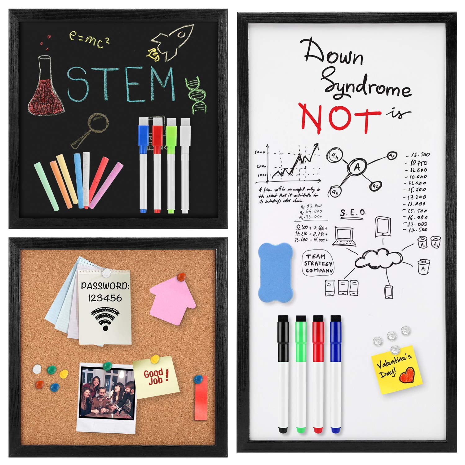 Dry Erase Whiteboard, Cork Bulletin Board, Chalkboard with Natural Wood Black Frame, 3 Pieces, 12" x 12" and 24" x 12", Combination Board 3 in 1 Free Style Mountedâ€¦