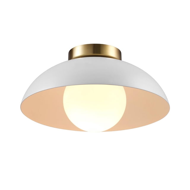 1-Light Matte White Flush Mount Ceiling Light with White Opal Glass Shade featuring a wide matte white metal dome and a central white opal glass globe diffuser mounted on a brushed brass base, suitable for ceiling installation in modern interiors.