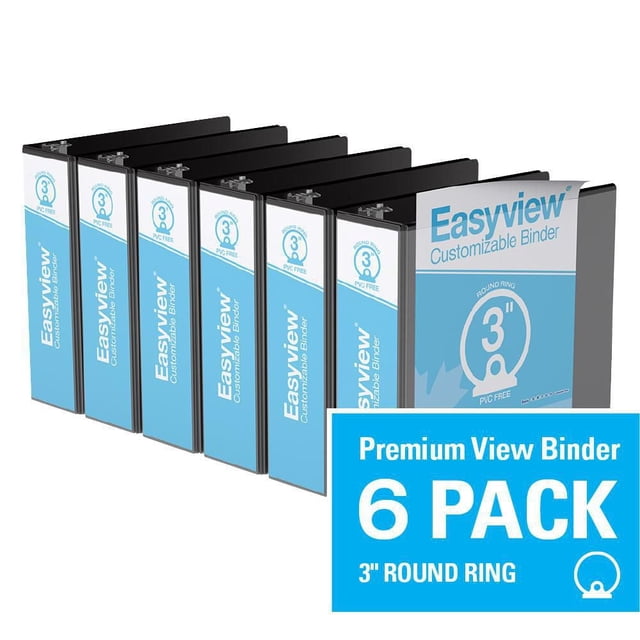 Davis Group Easyview Premium Round Ring Customizable View Binder 6 Pack 3 inch with six black binders featuring clear overlay on front, spine, and back covers, PVC-free polypropylene material, and 3-inch round rings that allow pages to lie flat, suitable for presentations, manuals, and reports.