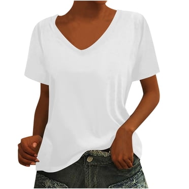 Olyvenn T-Shirts à Col en V pour Femmes à Manches Courtes T-Shirt Décontracté Coupe Ample Chemise à Manches Courtes Mode Hauts d'Été T-Shirt Basique 2025 Blanc P