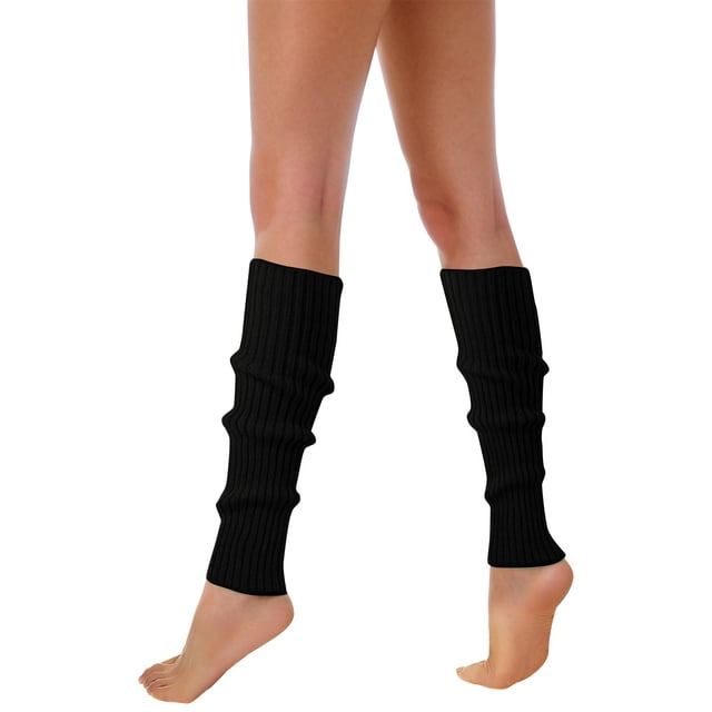 Kcodviy 80s 90s leg warmers for women in black, featuring a ribbed knit design made from fluorescent wool. These stylish accessories provide a retro look and are ideal for themed parties, fitness activities, or as thermal boot socks. The leg warmers are shown worn on bare legs, extending from the ankle to below the knee, with a snug fit.