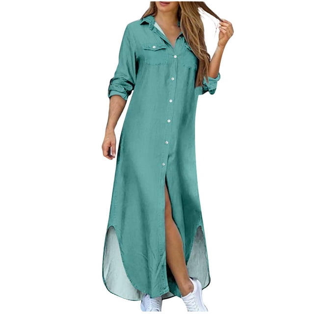 CEHVOM Robe d'Été pour Femme, Couleur Unie, Décontractée, à Manches Longues, Col Rabattu, Robe Maxi Décontractée de Plage, Solde