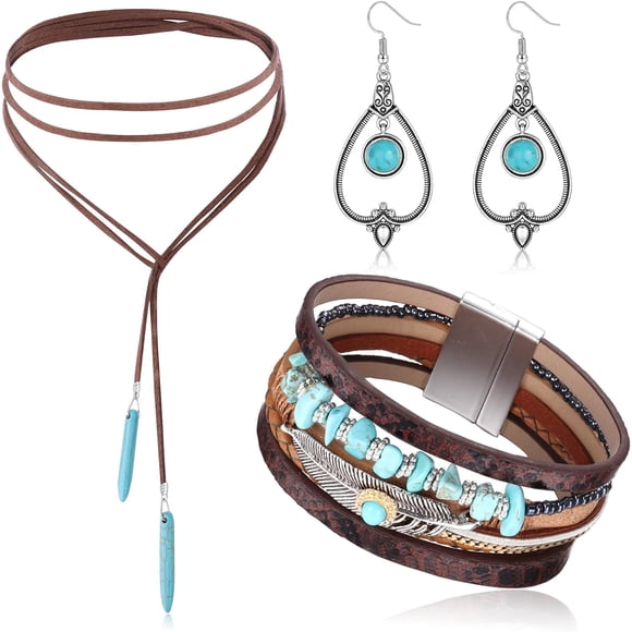 SURJDE 3 Pieces Western Jewelry For Women Bohemian Turquoise Jewelry Set Turquoise Pendant Choker Necklace Leather Wrap Bracelet Turquoise Dangle Earrings Western Boho Jewelry Pack