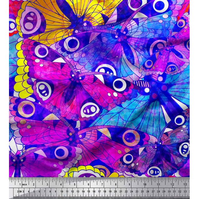 Soimoi Blue Rayon Fabric Colorful Butterfly Print Fabric by Yard 42 Inch Wide