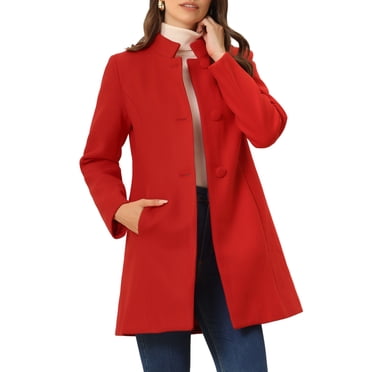 INSPIRE CHIC Women's Winter Overcoat Stand Collar Single Breasted Mid-thigh Long Coat Bright Red M