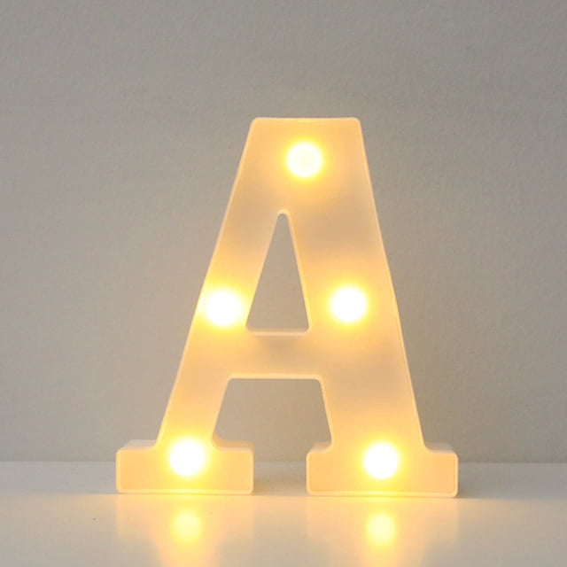 Alphabet LED Letter Lights Light Up White Plastic Letters Standing Hanging A-M. A white plastic letter 'A' illuminated with warm white LED lights, suitable for wall hanging or standing. Ideal for indoor use, home decor, parties, or holiday decorations. Powered by 2 AA batteries (not included).