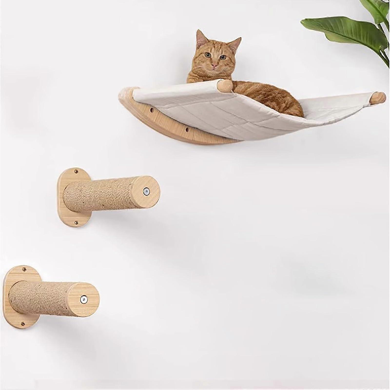 Wall Mounted Cat Tree Indoor Wood Kit 3 Piece With Cat Hammock And Sisal Cylinder 50x32 Cm Original Wood Color