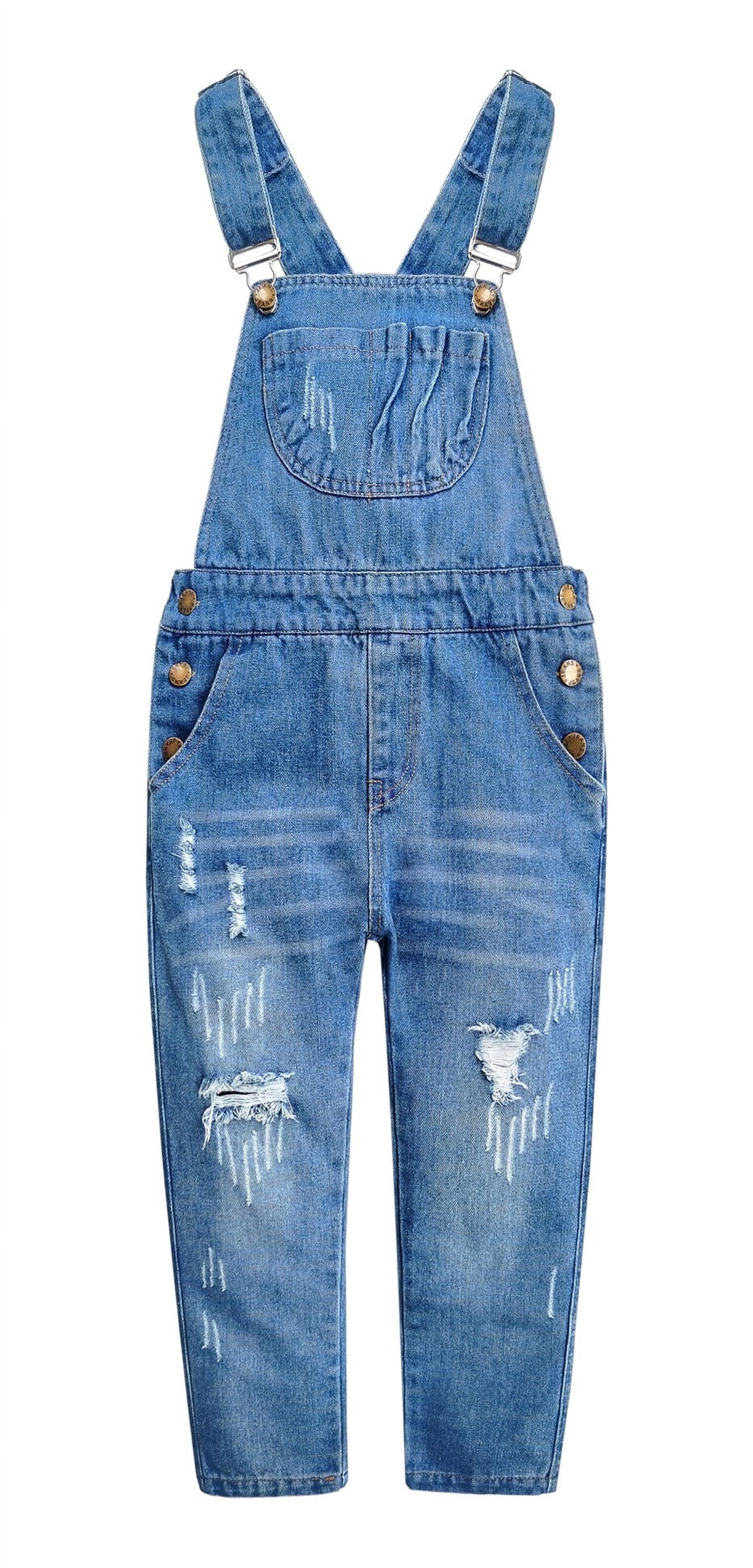 KIDSCOOL SPACE Girls Big Bibs Pockets Ripped Holes Washed Cotton Jeans Overalls,LightBlue,10-11 Years