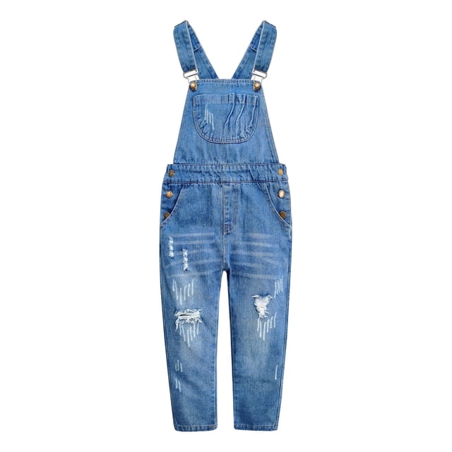 KIDSCOOL SPACE Girls Big Bibs Pockets Ripped Holes Washed Cotton Jeans Overalls,LightGrey,12-13 Years