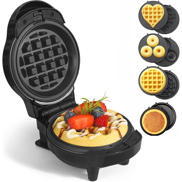 Mini Gaufrier avec 8 Plaques Amovibles, Petit Gaufrier 4 en 1 Mini-Gaufre, Gaufre Cœur, Crêpe, Beignet, Fer à Gaufres Antiadhésif 4,5 Pouces pour Enfants et Familles, Noir