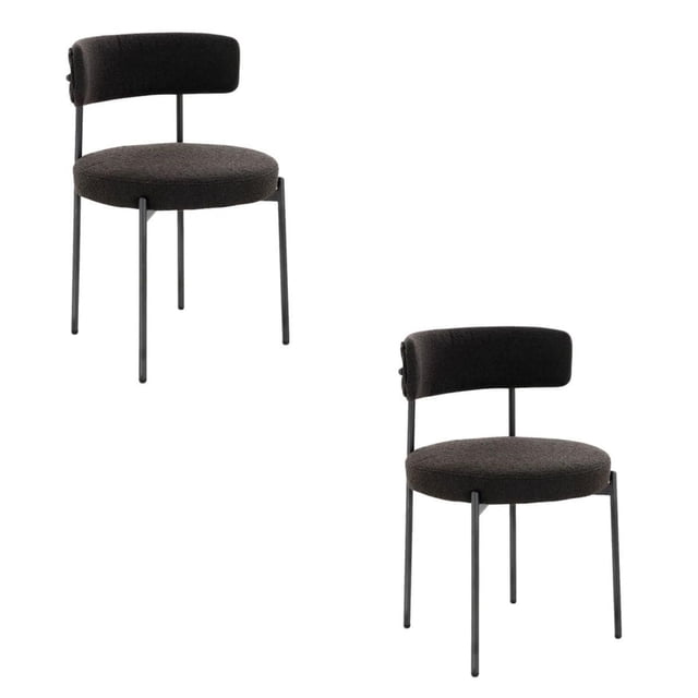 Federica II Boucle Chair in Black Color - SET OF 2 with two black boucle fabric dining chairs featuring round padded seats, curved backrests, and slim black metal legs, designed for kitchen and dining seating and often used as stylish office chairs.