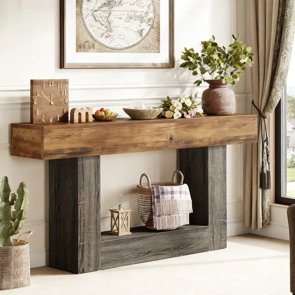 Fnova Table Console Style Ferme de 63 Pouces, Table d'Entrée/sofa à 2 Niveaux en Bois avec Tablette de Rangement pour Salon, Couloir, derrière le Canapé