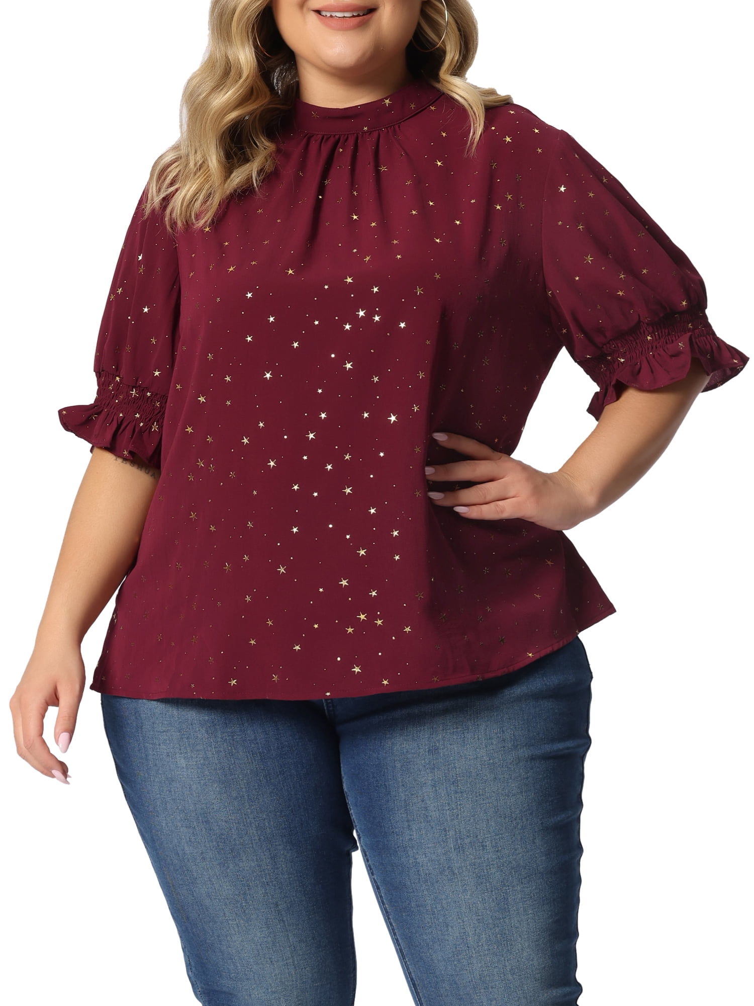 GRACE & GRANDEUR Women's Plus Size Pleated Mock Neck Star Print Puff Sleeve Blouse 3X Red