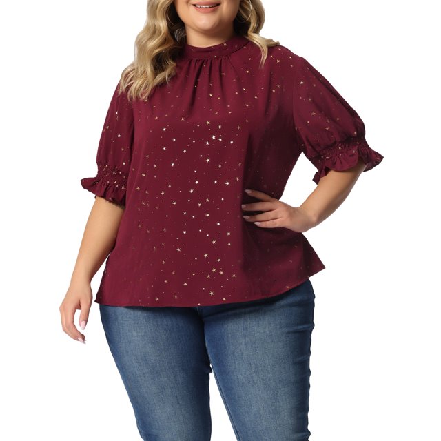 GRACE & GRANDEUR Blouse à Manches Bouffantes Plissée à Col Montant à Imprimé d'Étoiles pour Femme Grande Taille3X Rouge
