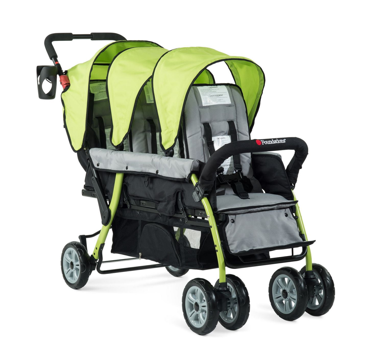 Foundations Compass Trio Triple Stroller, 3-Seat Tandem with UV Canopies and Reclining Seats, Lime