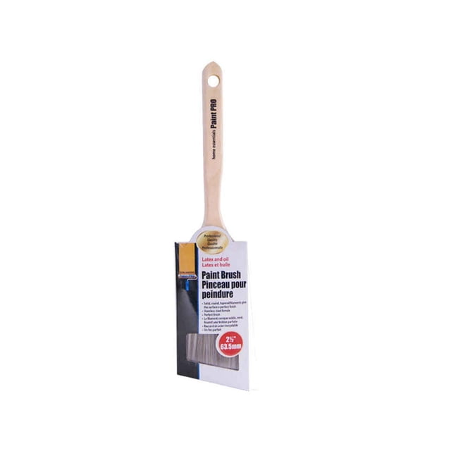 ACTION-1 Professional Quality Angled Paint Brush, Pack of 12, showing a single 2.5-inch angled brush with a natural wooden handle and white polyester bristles, designed for precise trim work with latex and oil-based paints, featuring a hole for hanging.