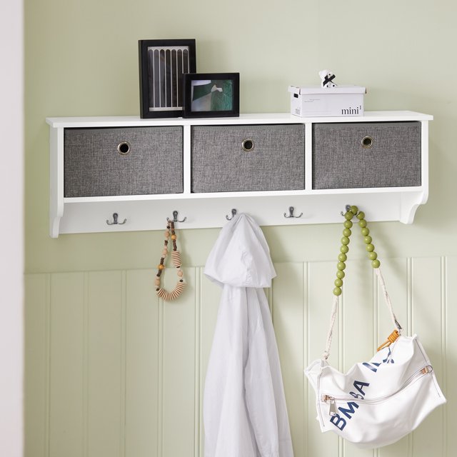 SoBuy FRG282-W, Wall Coat Rack Wall Shelf Wall Storage Cabinet Unit with 3 Baskets 5 Hooks