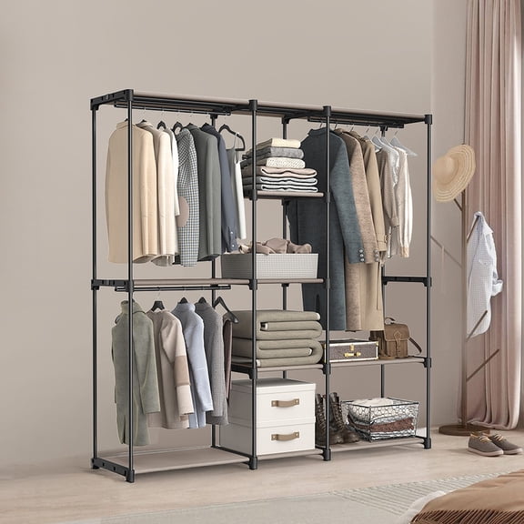 Garde-robe Autoportante, Portemanteau avec Rails, Étagères en Tissu, Organisateur à Cadre en Métal, Taupe