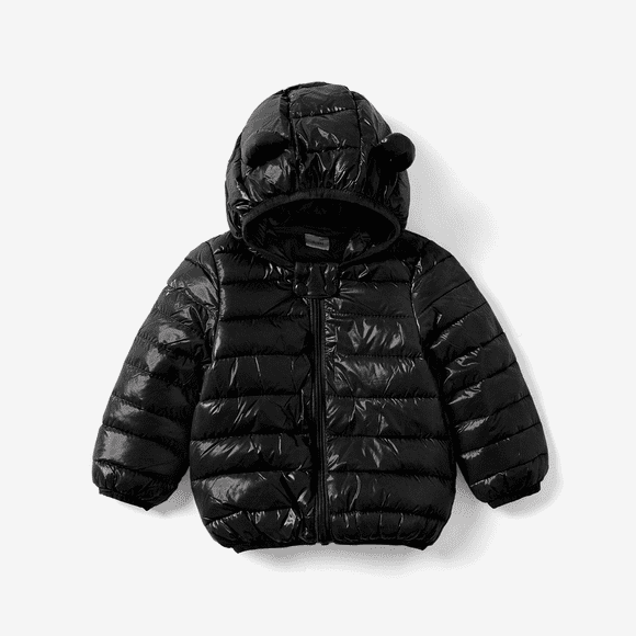 PatPat Baby Coat Toddler Boys Girls Winter Jackets Stylish 3D Ear Print Solid Hooded Coats, Black, 12-18 Months