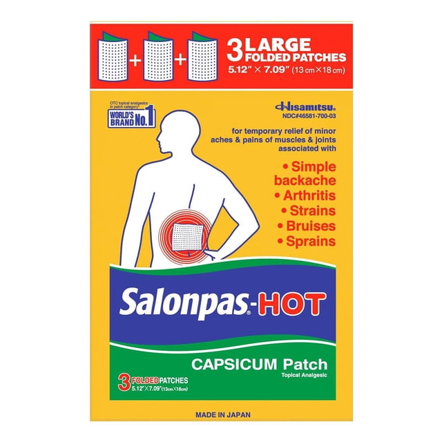 Salonpas Pain Relieving HOT Capsicum Patch, 3 Count (12 Pack), designed for back, neck, shoulder, and knee pain relief, as well as muscle soreness. The packaging highlights three large folded patches measuring 5.12 x 7.09 inches (13 x 18 cm) and provides up to 8 hours of targeted warming pain relief. Suitable for minor aches, arthritis, strains, bruises, and sprains. The product is unscented and features capsaicin, a topical analgesic derived from chili peppers.