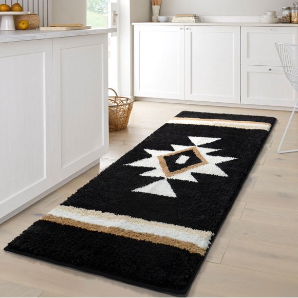 TANVILL Boho Bathroom Rugs Runner Black Non Slip Bath Mat Geometric Long Soft Absorbent Large Carpet for Entryway Kitchen Shower