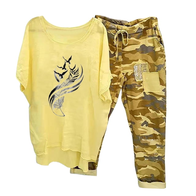Mikilon Ensemble de Détente Confortable pour Femmes, Tenue d'Intérieur 2 Pcs, Ensemble de Détente Imprimé, Haut à Manches Mi-Longues à Col Rond + Pantalon, Jaune-E TP
