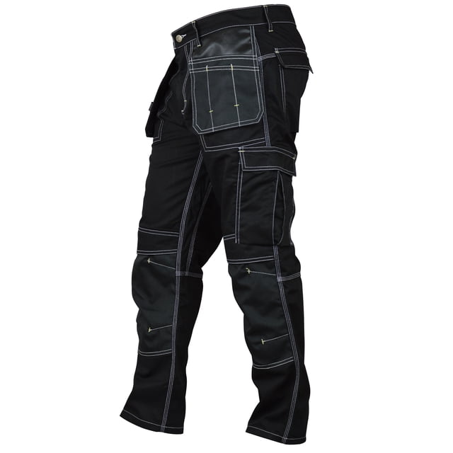Mens Construction Cordura Knee Reinforcement WorkWear Trousers Utility Work Pant made of thick black cotton fabric with reinforced Cordura knees and multiple holster pockets. Ideal for workwear bottoms, these utility pants offer durability, functionality, and additional pockets for tools. Suitable for trades or outdoor activities.