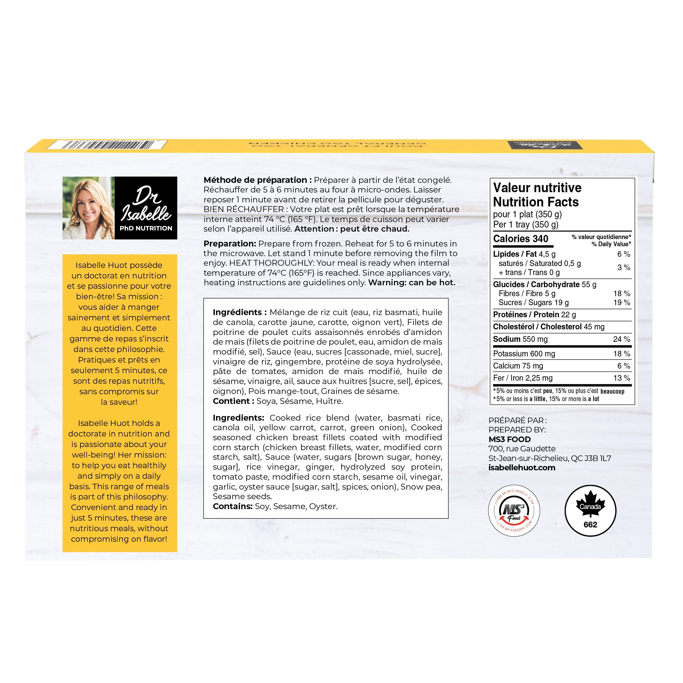 Dr Isabelle - PhD Nutrition - 22g of proteins, 5g of fibre, General Tao Chicken,  Frozen meals - 1 portion of 350g, Healthy ready to eat meals