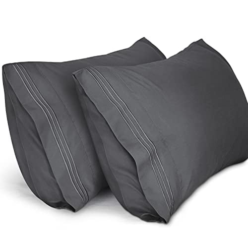 LiveComfort Pillow Cases (2 Pack), Embroidered Queen Size Soft Brushed Microfiber Pillowcases, Machine Washable Wrinkle Free Breathable (Dark Grey, Queen)