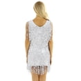 thumbnail image 4 of iEFiEL Robe Mini à Sequins Brillants à Franges pour Femmes en Faux Cuir Col en V Sans Manches Tenue de Danse Samba Argent TTG, 4 of 6