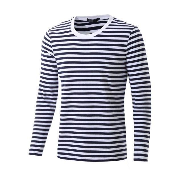 INSPIRE CHIC T-shirt à Manches Longues à Col Ras du Cou Rayé pour Homme en Coton, Haut à Enfiler Bleu Marine 38