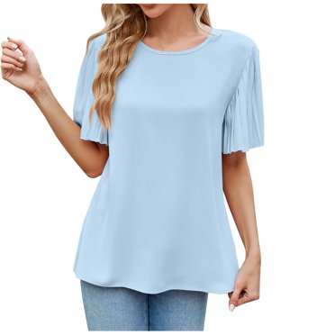 Besolor Tuniques d'Été pour Femmes à Col Rond, Plissées, Manches Courtes, Chemises Décontractées Unies, Blouse Habillée pour Sorties