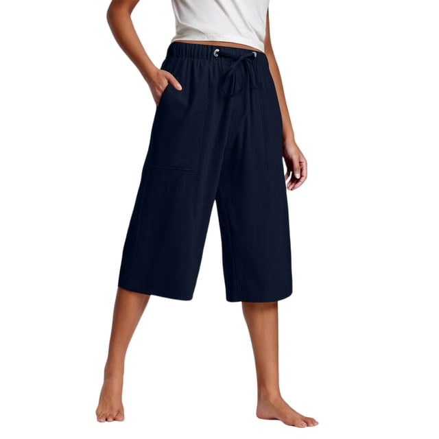 Kaemgyyd Womens Plus Size Capris Lounge Drawstring Cotton Linen Bermuda Shorts Flowy Wide Leg Beach Vaction Cropped Trousers
