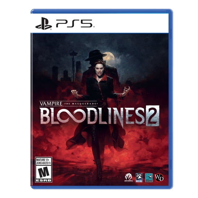 Vampire: The Masquerade - Bloodlines 2 PlayStation 5 game cover featuring a silhouetted figure in a long coat and hat with smoky red mist and a full moon over a dark city skyline, representing the neo-noir vampire action RPG set in Seattle.