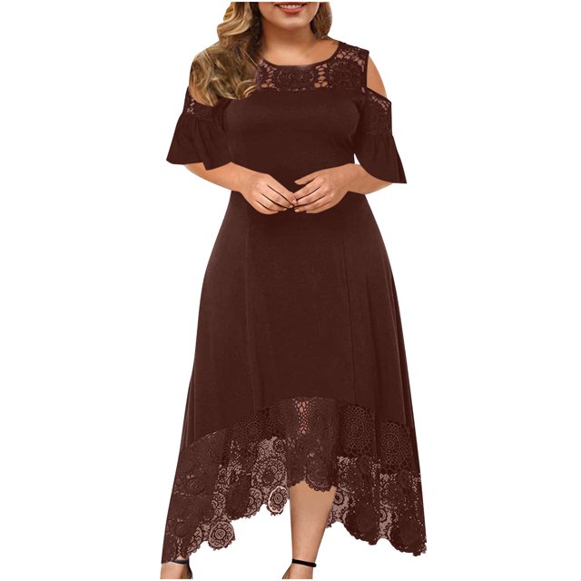LSLJS Plus Size Women Sexy Ruffle Strapless Splicing Lace Splicing Short Sleeve Dresses, Plus Size Dress