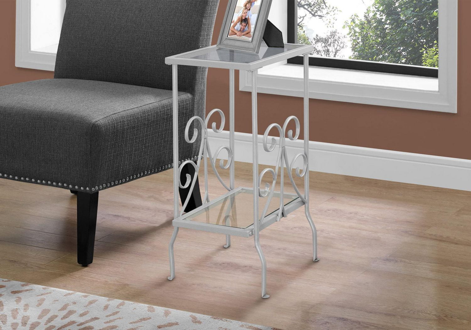 Monarch Specialties Table D'appoint, Côté, Bout, Table De Nuit, Lampe, Salon, Chambre À Coucher, Métal, Verre Trempé, Gris, Transitionnel