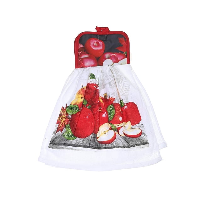 Serviette à Main à Nouer (Pommes Fraîches) - Ensemble de 2 avec une Serviette Blanche Imprimée de Pommes Rouges, de Tranches de Pomme, de Feuilles Vertes et de Feuilles d'Automne sur une surface en Bois, Attachée à un Lien en Tissu Rouge Présentant un Motif de Pommes Fraîches à Suspendre, Idéal pour le Linge de Cuisine et la Déco des Fêtes.