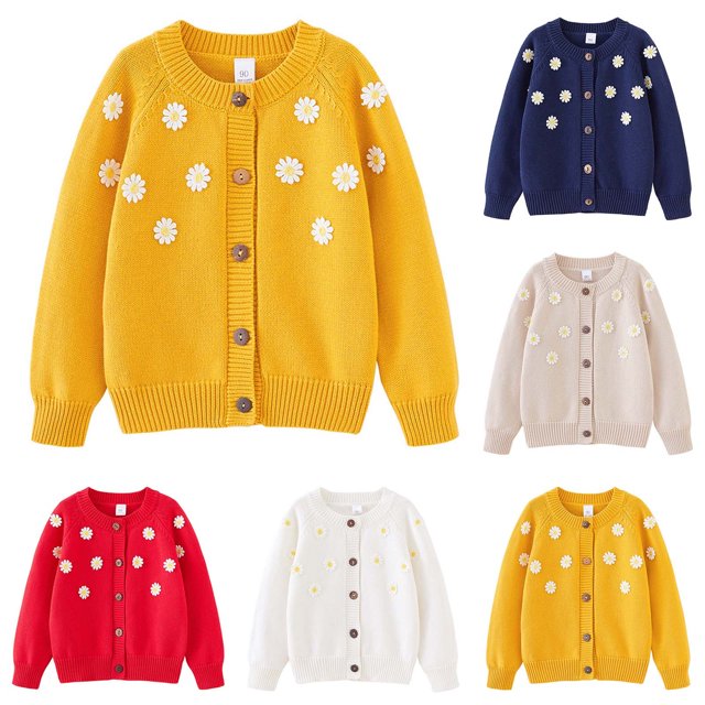 Boys and Girls Sweaters Kids Open Front Button Down Long Sleeve Knit Cardigans Sweater Cardigan Jacket 2-8Y White