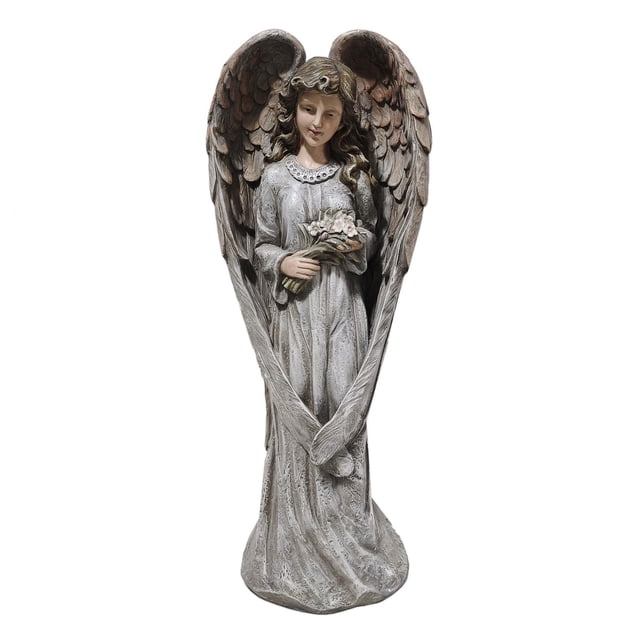 Angelo Décor Anjo Angel statue holding flowers, featuring large textured wings and a long flowing gown.