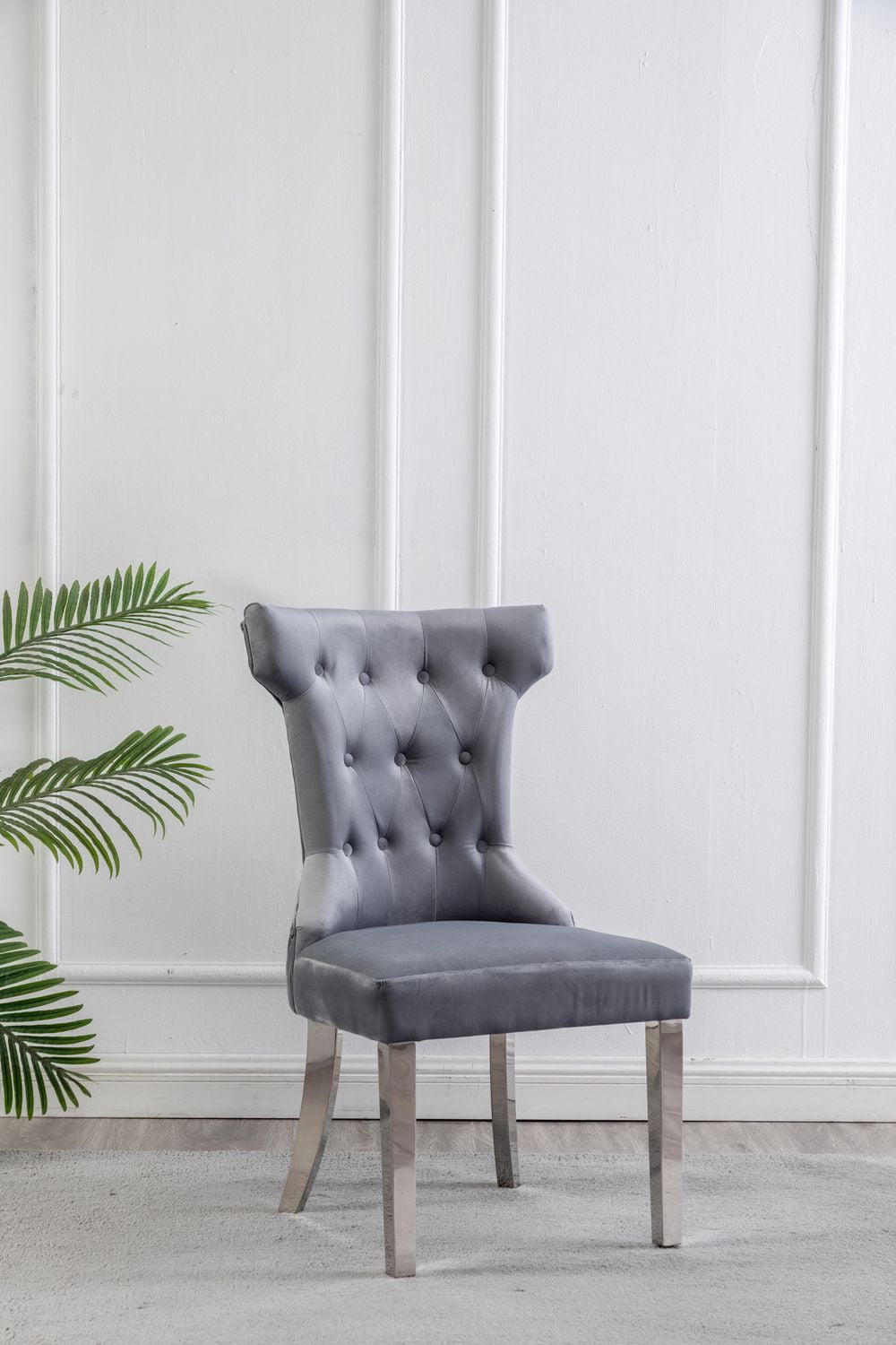Chaises de salle à manger K-Living Orica en velours capitonné gris avec pieds en acier inoxydable (lot de 2)