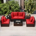 thumbnail image 1 of Costway Ensemble de Mobilier de Patio 7 Pcs Table de Foyer au Gaz 40 000 BTU Couvercle de Réservoir de Propane Table Mélange Brun + Rouge, 1 of 10