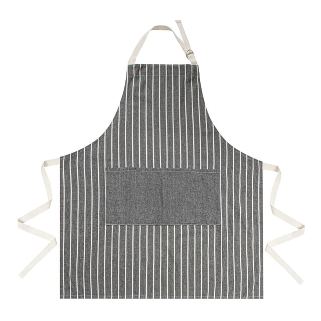 Hometrends Cotton Apron in grey with vertical white stripes, featuring a large front pocket and adjustable neck strap, made of 100% cotton with a machine-washable design, suitable for kitchen linens and utensil storage.