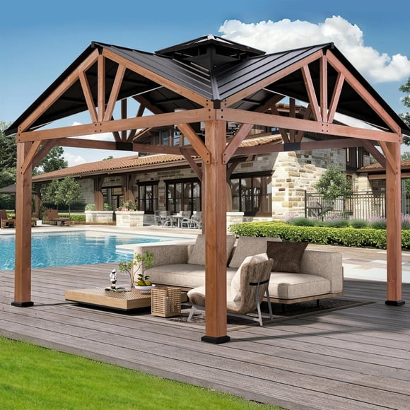 Modern Shade 12'x12' Cedar Wood Gazebo, Heavy Duty Steel Hardtop Pavilion, Water & Wind Resistant Solid Wood Outdoor Permanent Shelter