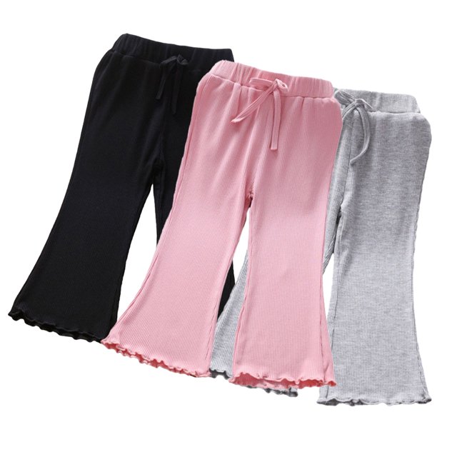 KYAIGUO 1-6T Baby Toddler Girls Summer Flare Pants Solid Color Ribbed Ruffle Bell Bottoms Spring Cotton Leggings Trousers