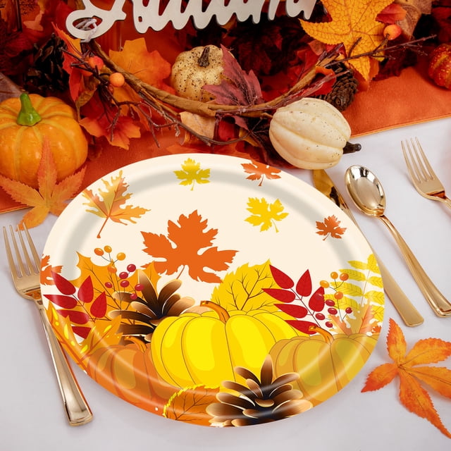 Amzcrzy Paper Tableware Thanksgiving Paper Plates Festive Fall Pumpkin and Maple Leaves Pattern Disposable Tableware for Fall Harvests Party Christmas Decorations Halloween Decorations Fall Decor