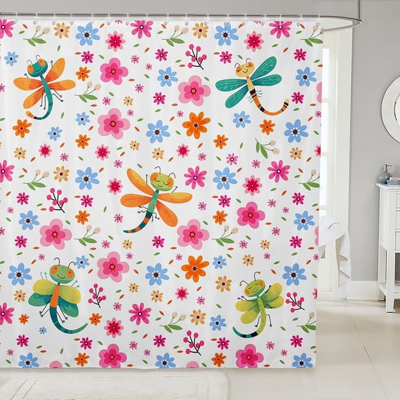 Kawaii Dragonfly Shower Curtain Girly Floral Waterproof Bathroom Curtain for Child, Blue Pink Flower Bath Curtain Rainbow Blossoms Shower Curtain Set, Woodland Animal Bathroom Accessories